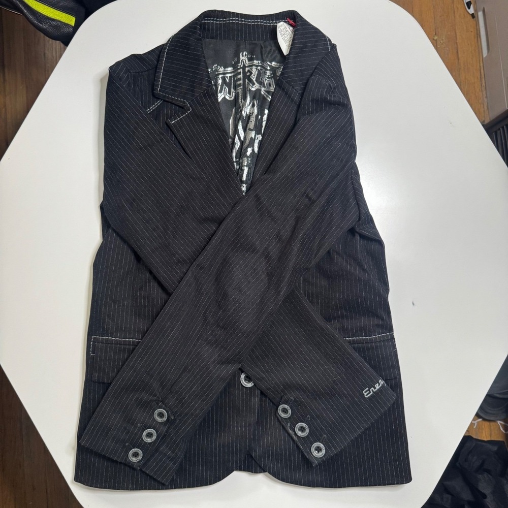 Energie Years Size 10 Black Pinstripe Blazer Jacket Silver Lined Club New York